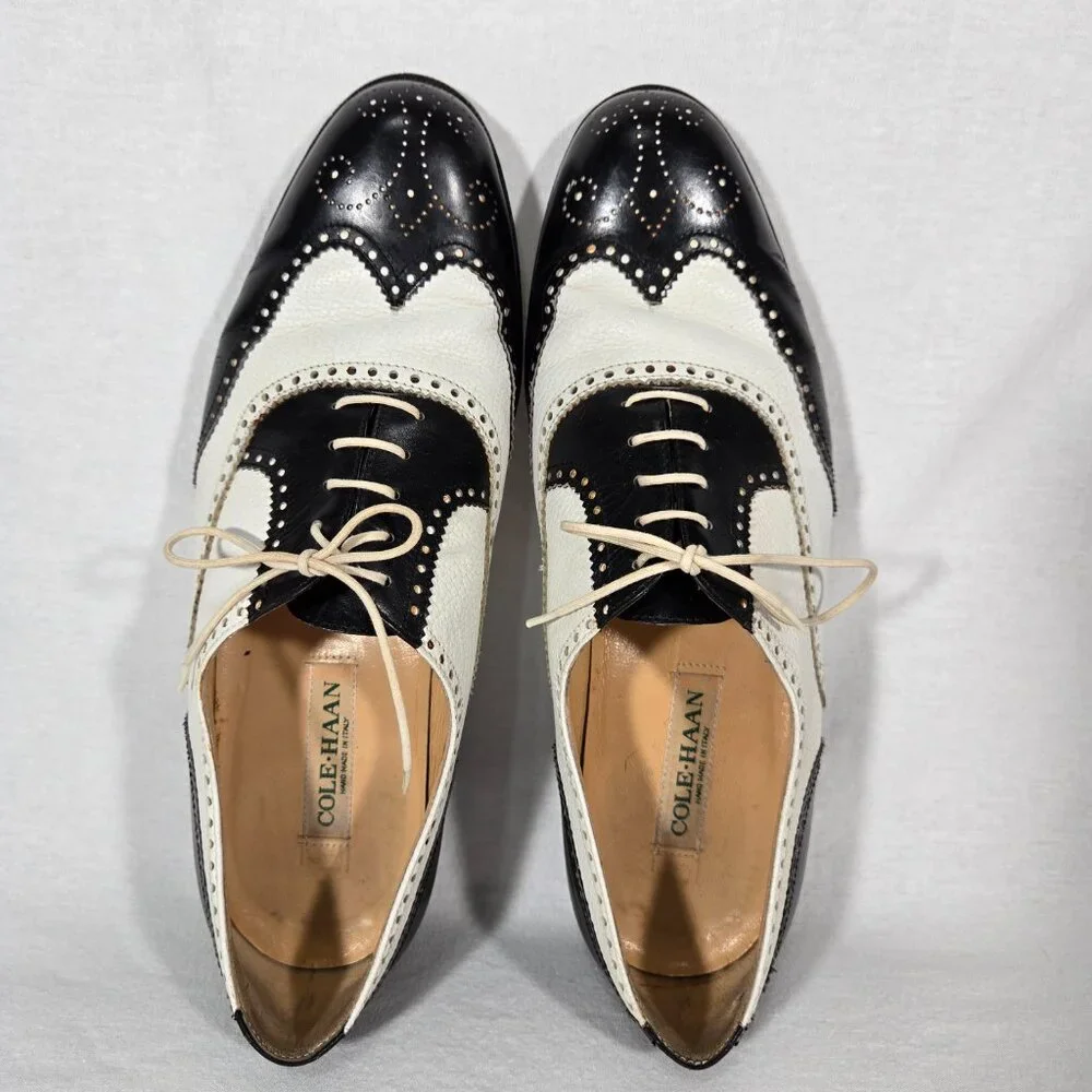 Vintage SPECTATOR COLE HAAN Black&White Wingtip Oxford Dress Shoes Size 9D ITALY - Picture 7 of 17